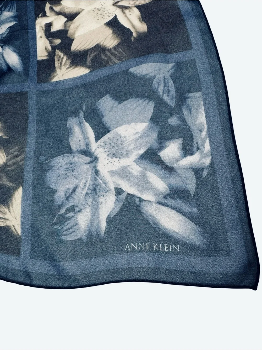 Anne Klein Blue Printed Floral 100% Silk Chiffon Square Scarf Size 21'' x 21''